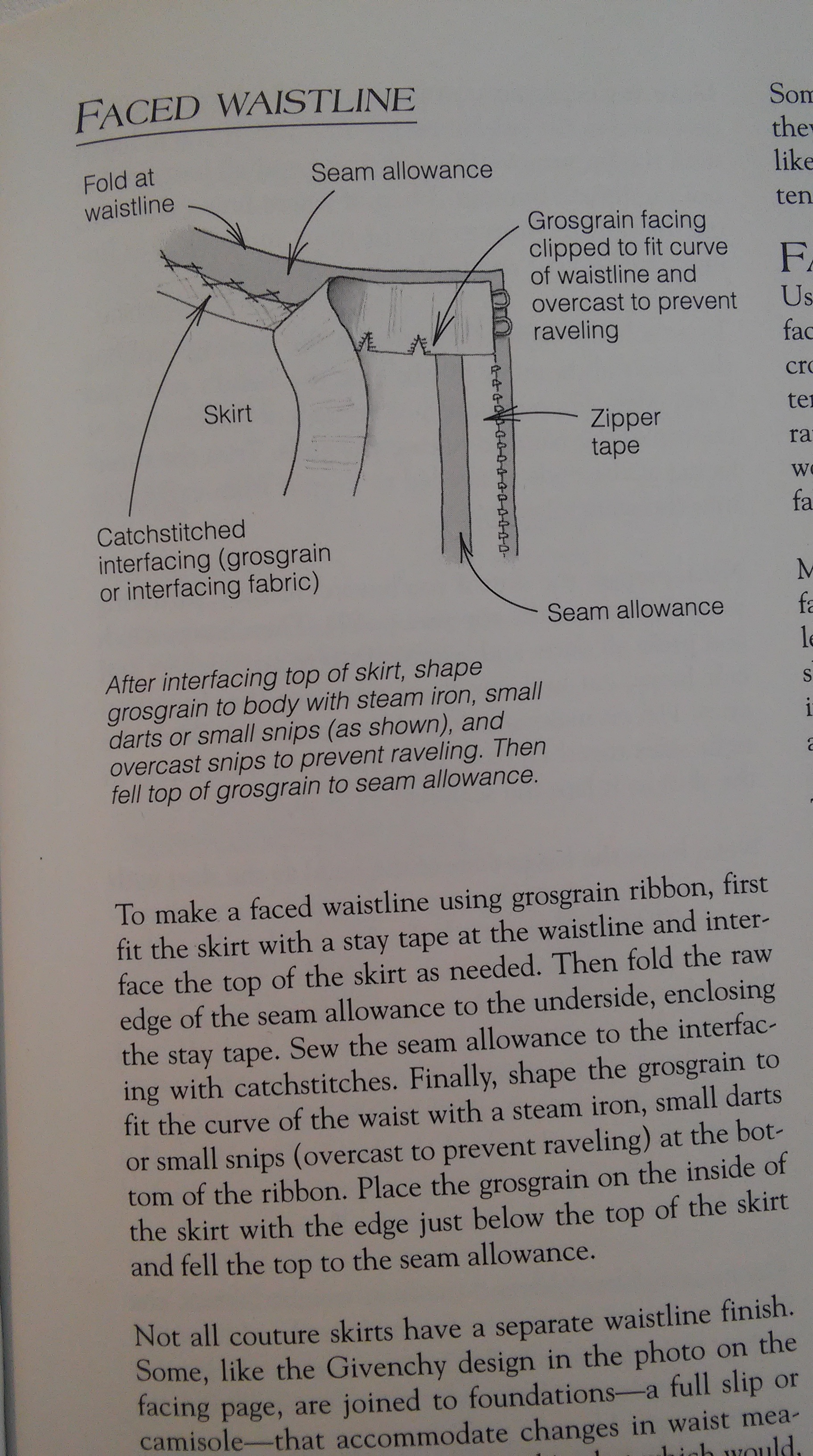 text from book about how to sew a petersham faced waistband by hand